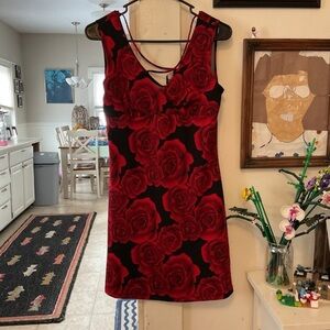 Pulse Black Midi Dress with Bold Red Rose Print